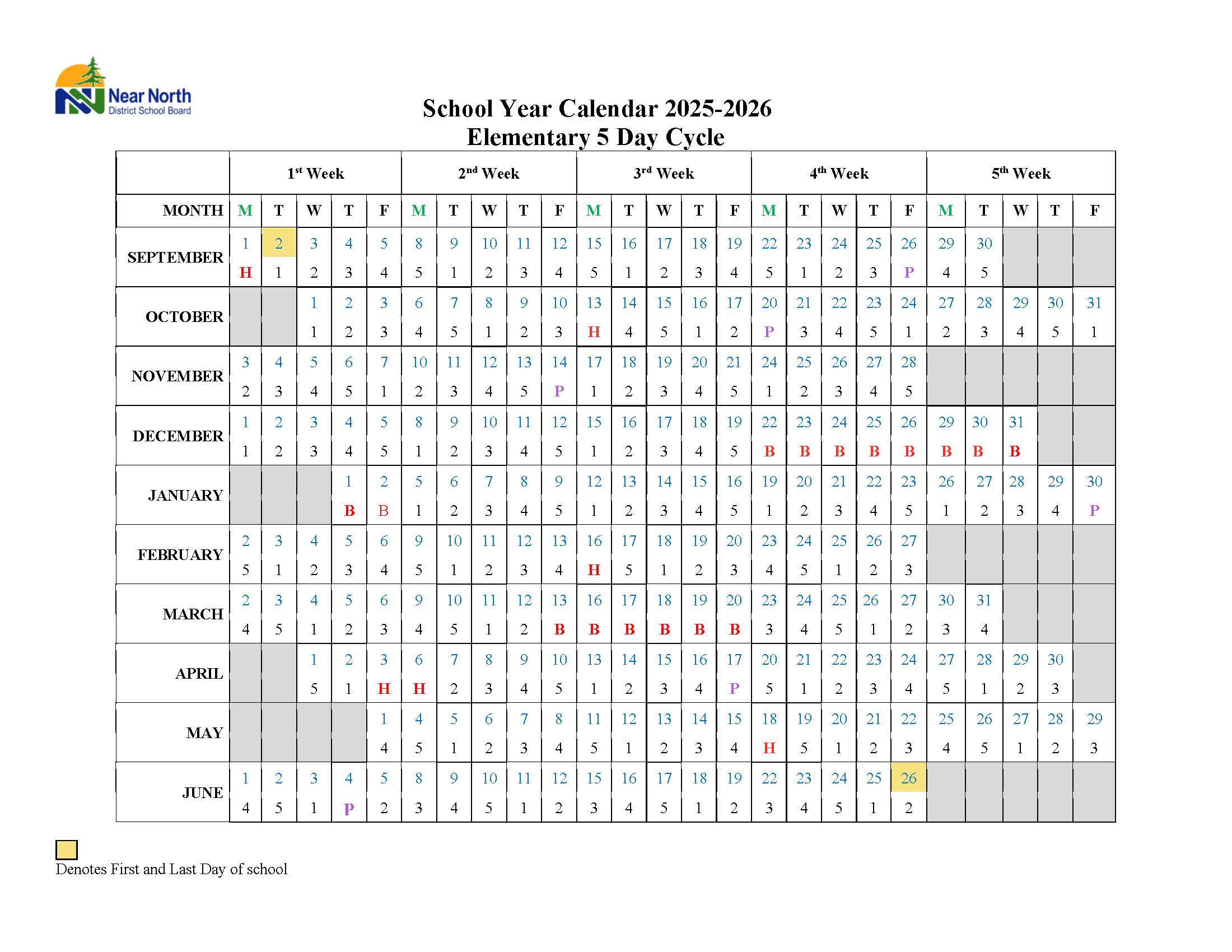 5 day cycle Elementary School Yr Calendar 2025-26 5-day cycle elementary school year calendar